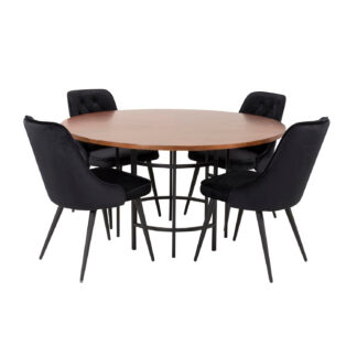 VENTURE DESIGN Copenhagen spisebordssæt, m. 4 stole - brun finer/sort metal og sort fløjl/sort metal