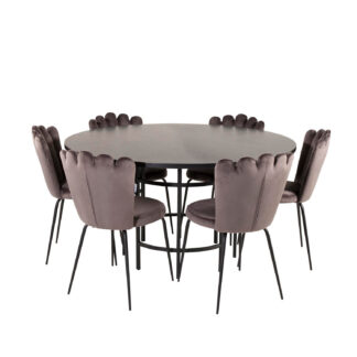 VENTURE DESIGN Copenhagen spisebordssæt, m. 4 stole - sort finer/sort metal og grå fløjl/sort metal