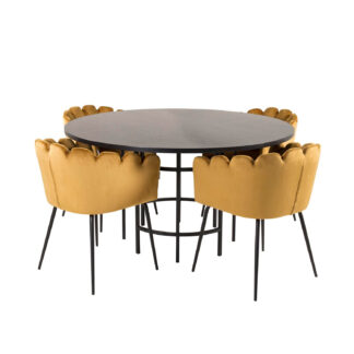 VENTURE DESIGN Copenhagen spisebordssæt, m. 4 stole - sort finer/sort metal og gul fløjl/sort metal