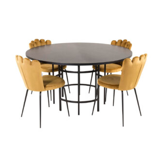 VENTURE DESIGN Copenhagen spisebordssæt, m. 4 stole - sort finer/sort metal og gul fløjl/sort metal