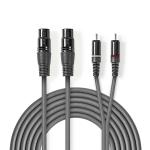 Balanceret Audio kabel | 2x XLR 3-Pin Hunstik | 2x RCA Hanstik | Nikkelplateret | 3.00 m | Runde | PVC | Mørkegrå | Kartonhylster