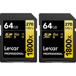 Lexar Pro 1800x SDXC U3 (V60) UHS-II R270/W180 64GB - 2pack - Hukommelseskort